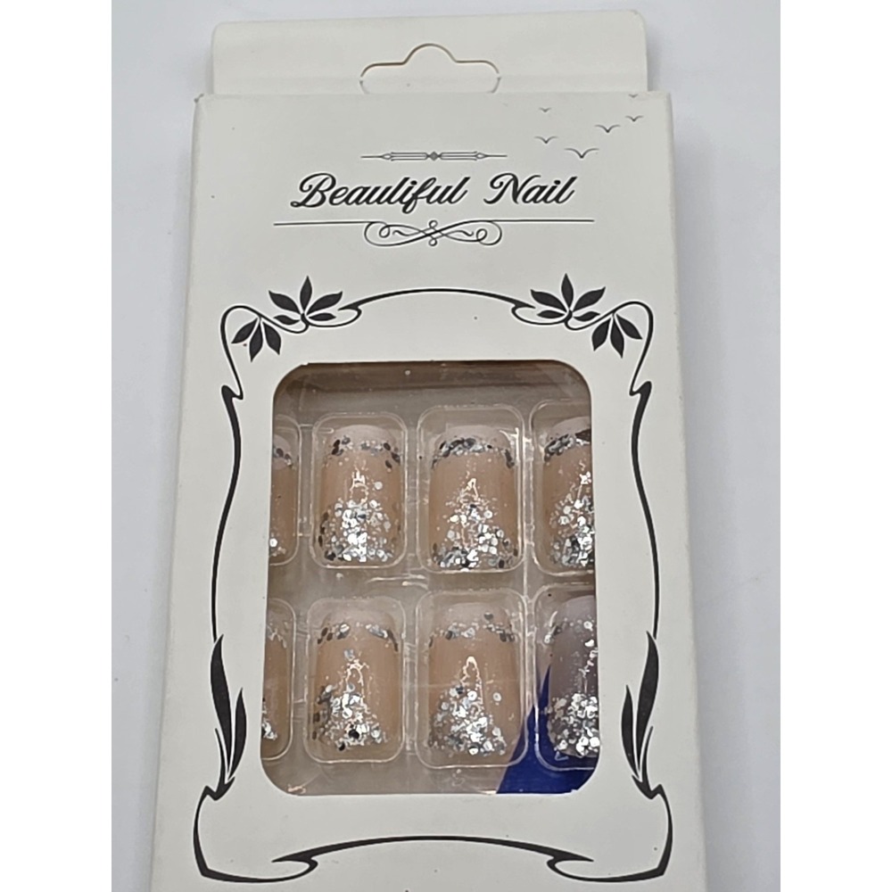 Beautiful Nail- Pressed On Nails 24 piece including Glue- Silver